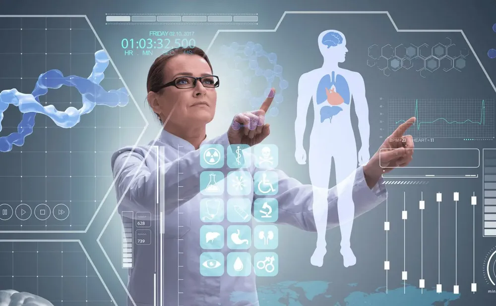 Doctor interacting with a futuristic medical data interface showing a human body diagram