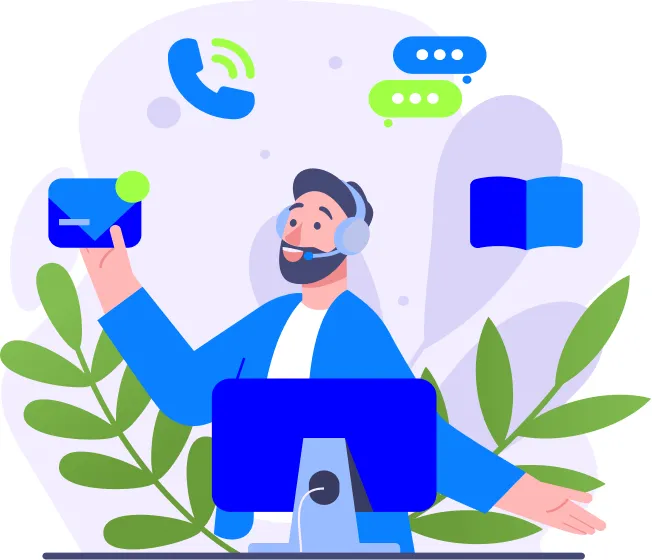 Support agent with a headset handling calls, chats and email