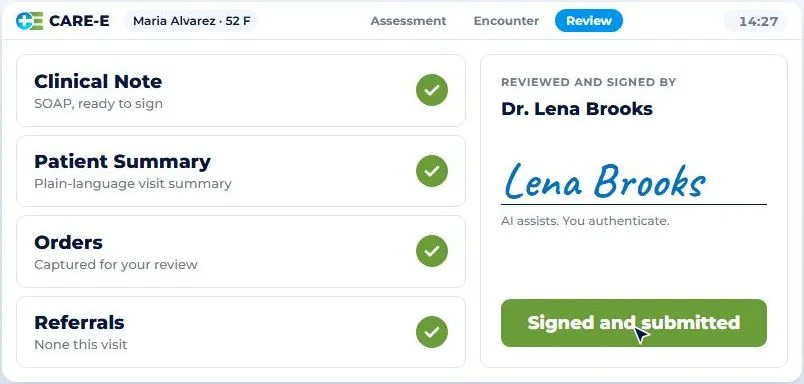 Review screen with the note, patient summary, orders and referrals checked, and the clinician’s signature